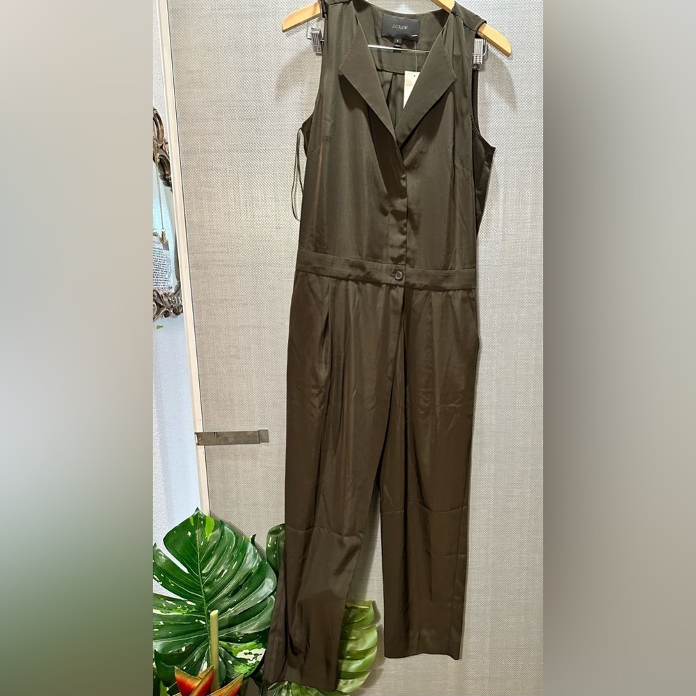 J CREW sleeveless trench silky soft button front jumpsuit olive moss green sz 8